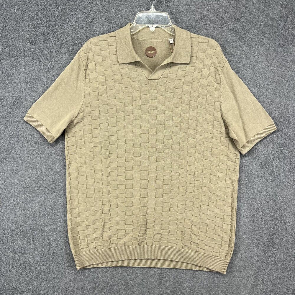 Common People Men Medium Taupe Short Sleeve Textured Checkered Knit Polo Sweater